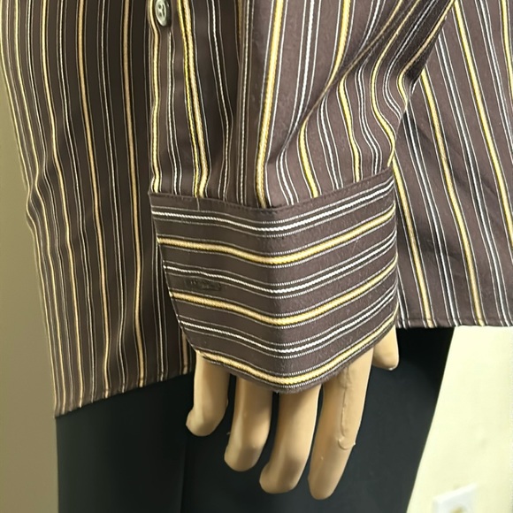 Arrow Casual Striped Dress Shirt Fitted Wrinkle Free Brown Tan - Picture 16 of 17